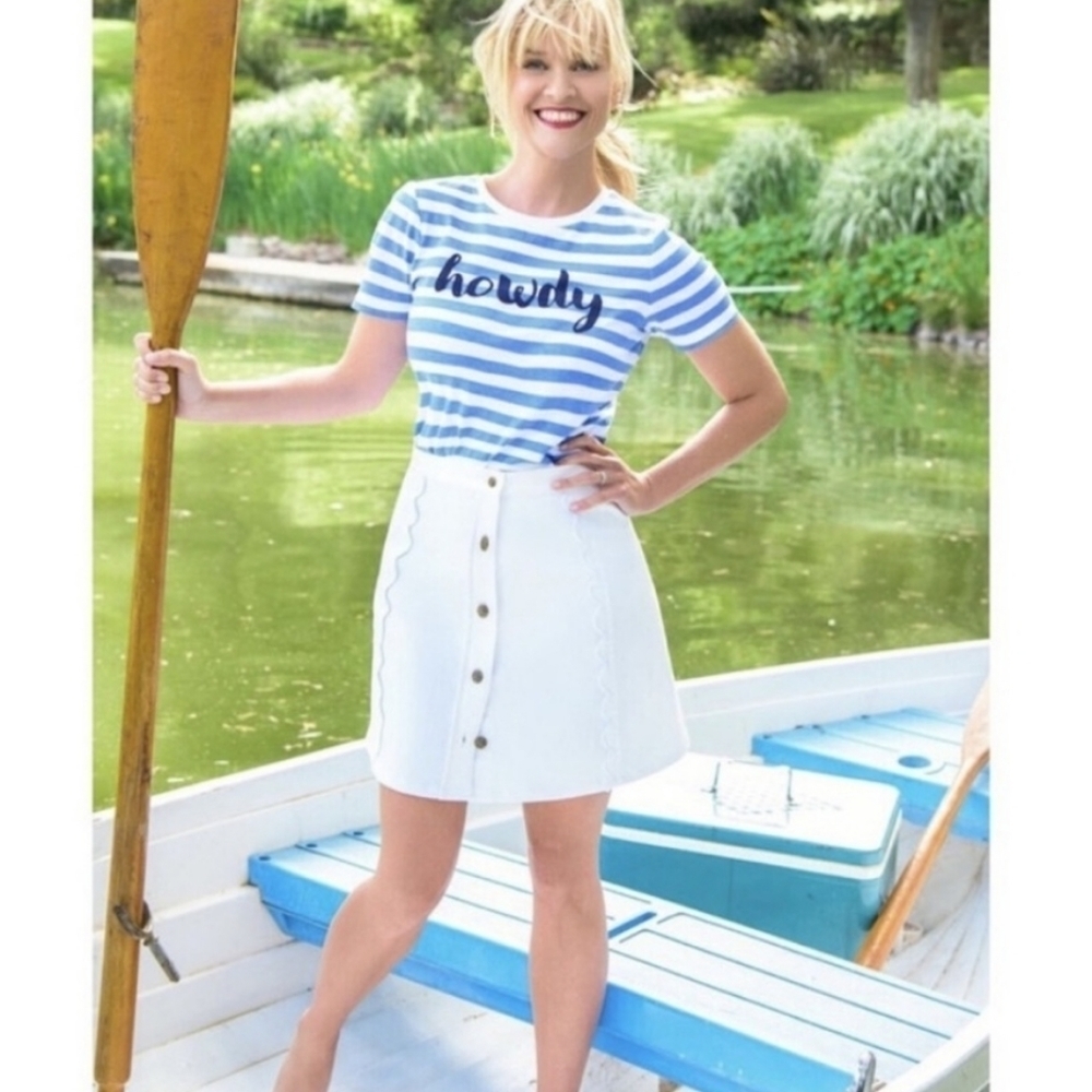 Draper James Blue & White T-shirt Top Striped Howdy Tee Size Medium